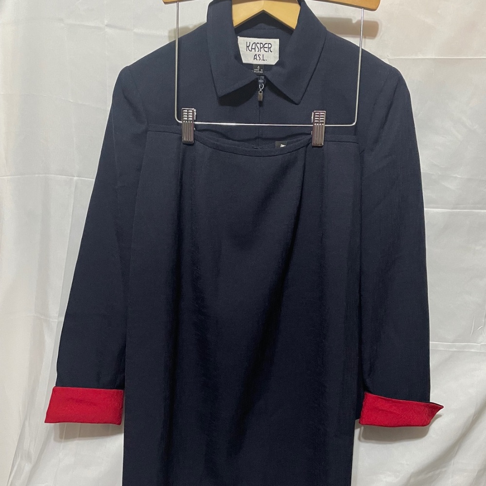 Vtg Kasper asl 4 skirt suit Blue/Red Tip Jacket Straight Back Slit Skirt Lined